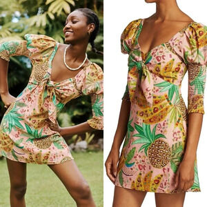 Farm Rio Pink Tropical Fruits Puff Sleeve Sweetheart Mini Dress XS